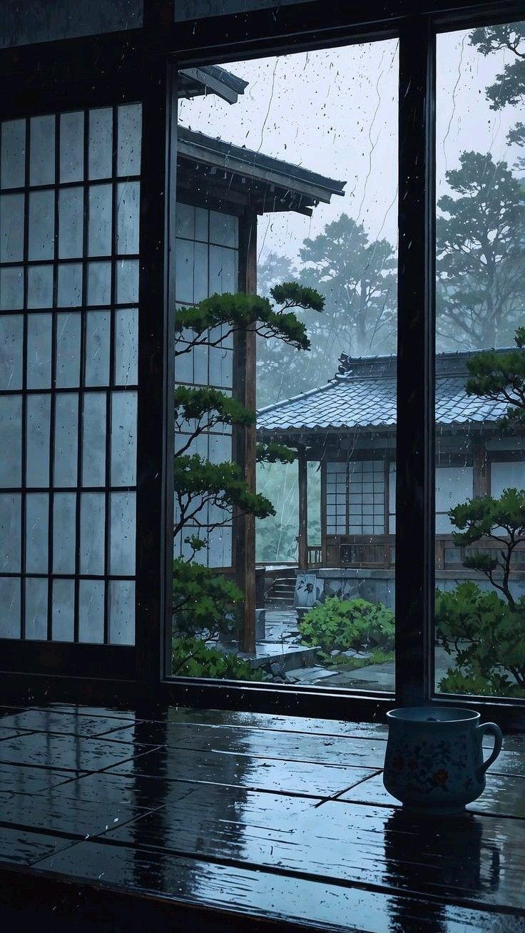 Japanese Garden Rain View Window Download Wallpapers
