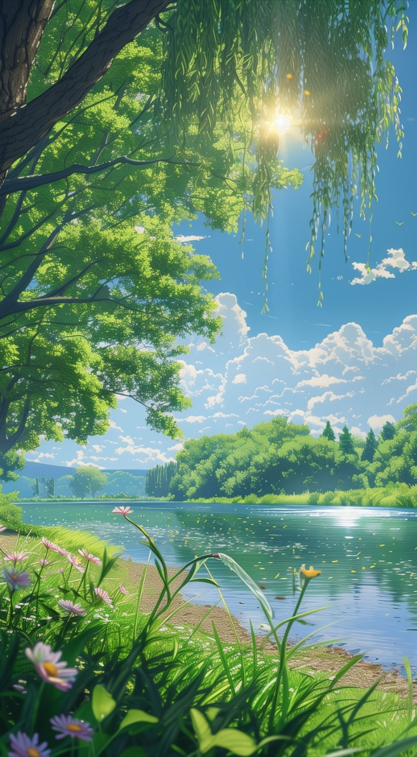Serene Lake with Blooming Daisies Download Wallpapers