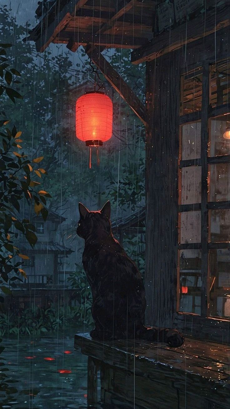 Rainy Night Cat Under Red Lantern Download Wallpapers