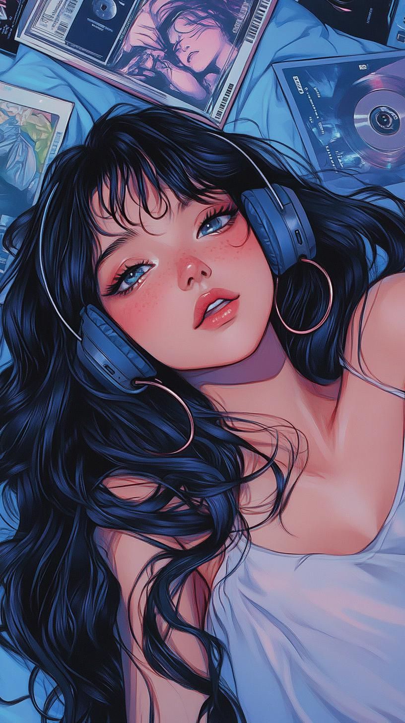 Dreamy Anime Girl with Headphones Download Wallpapers