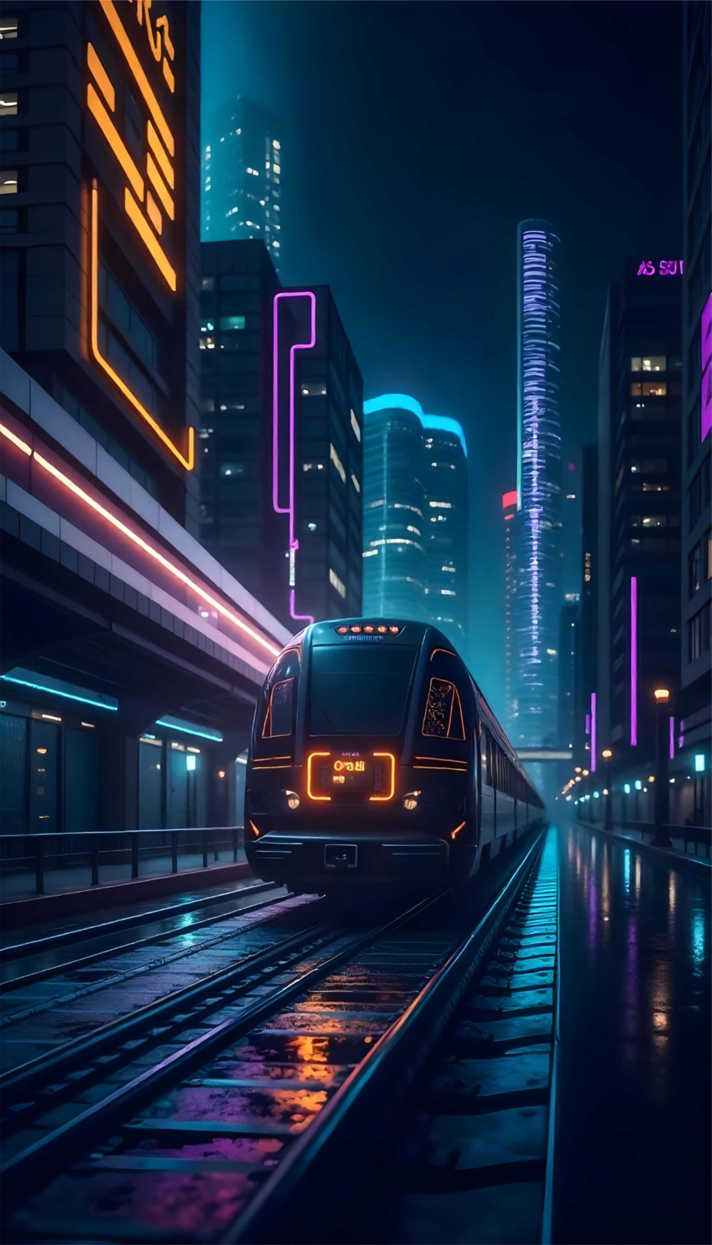 Neon City Train Nightscape Download Wallpapers