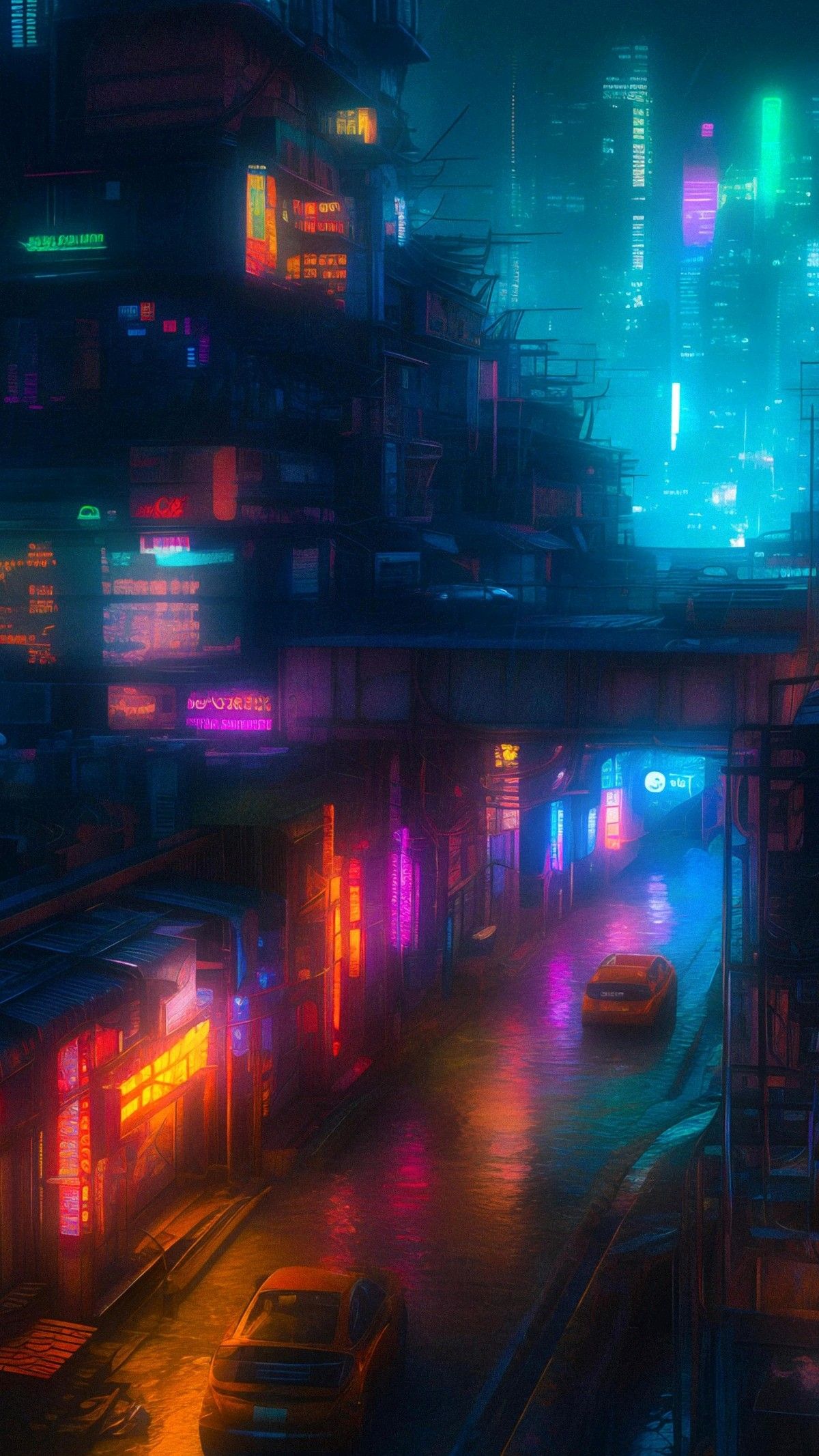 Neon Rain Anime Cityscape Download Wallpapers