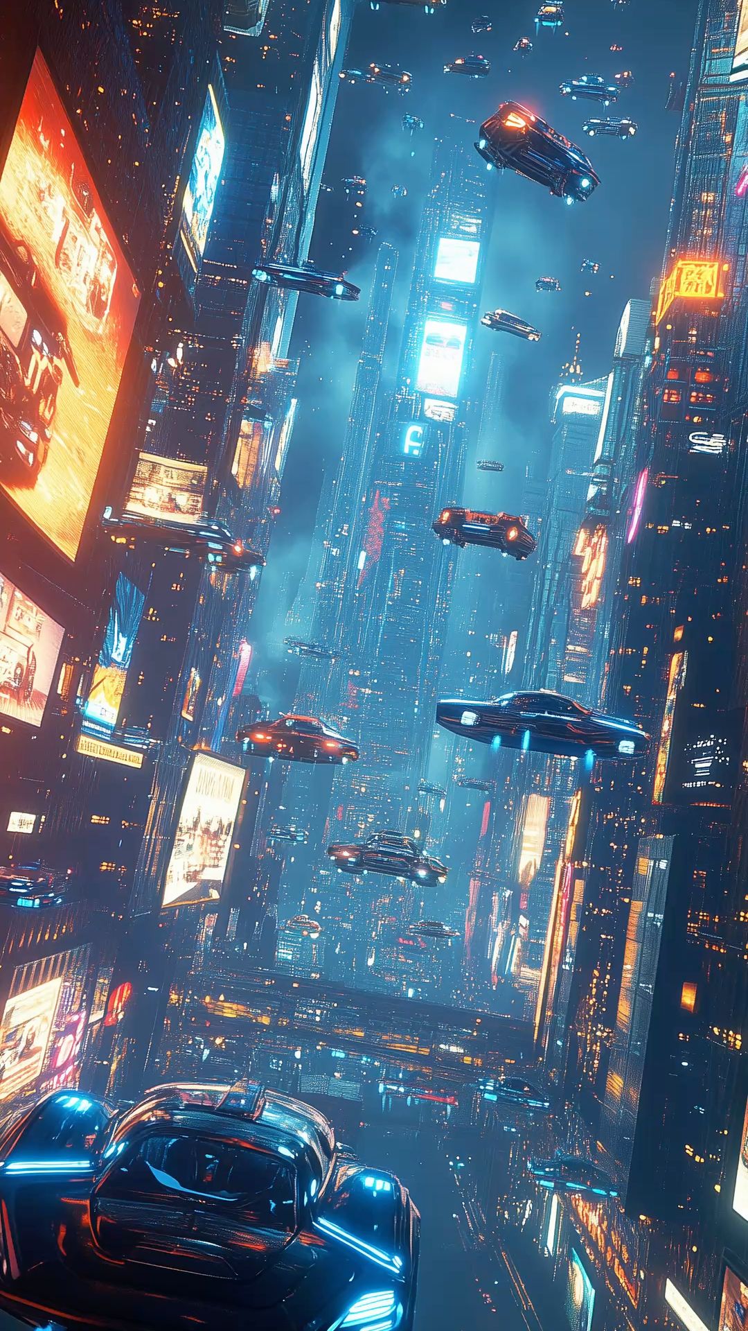 Neon Metropolis with Flying Cars Download Wallpapers