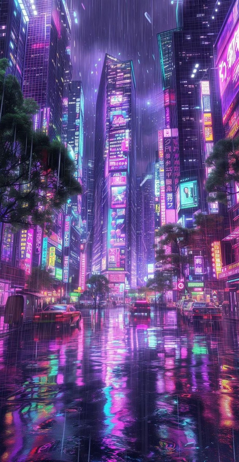 Neon Rain Cityscape Download Wallpapers