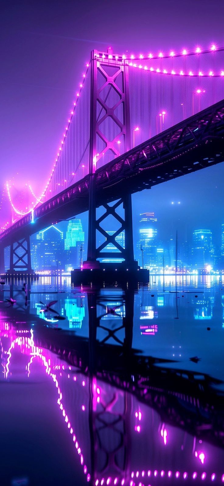 Neon Bridge Night Reflection Download Wallpapers