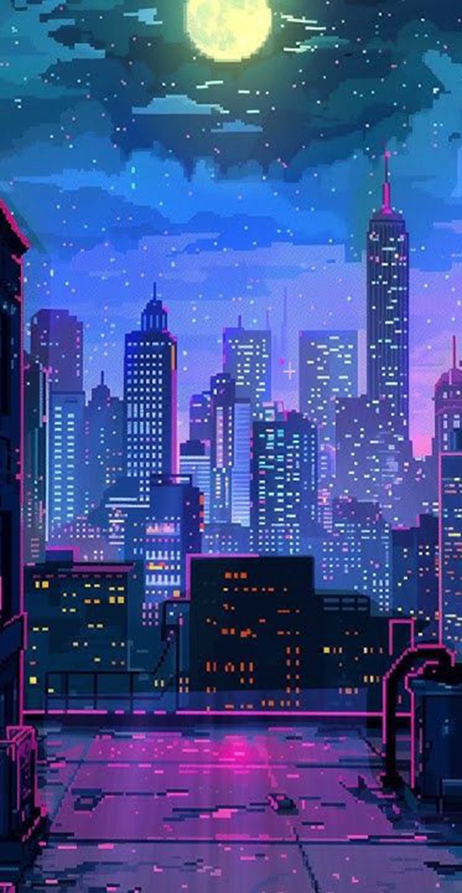 Neon Cityscape Under Moonlight Download Wallpapers