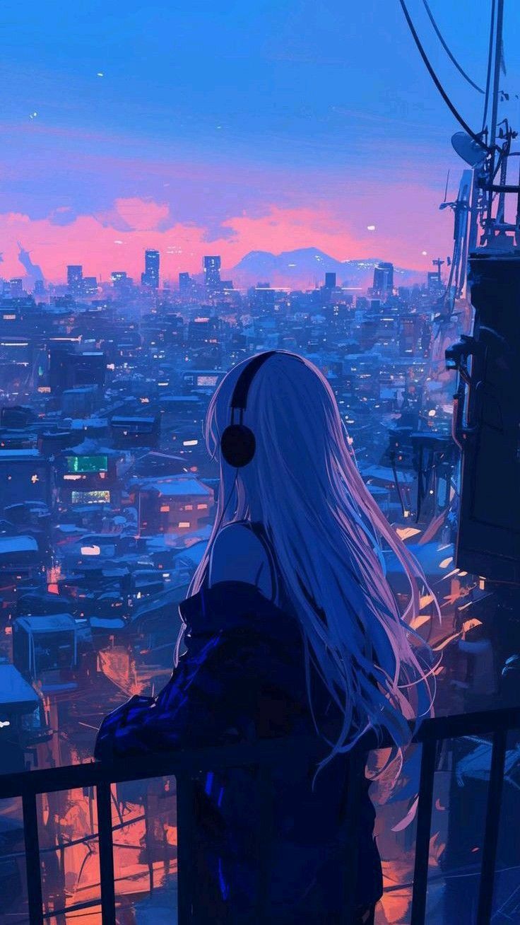 Neon Dreamscape with White Hair Download Wallpapers