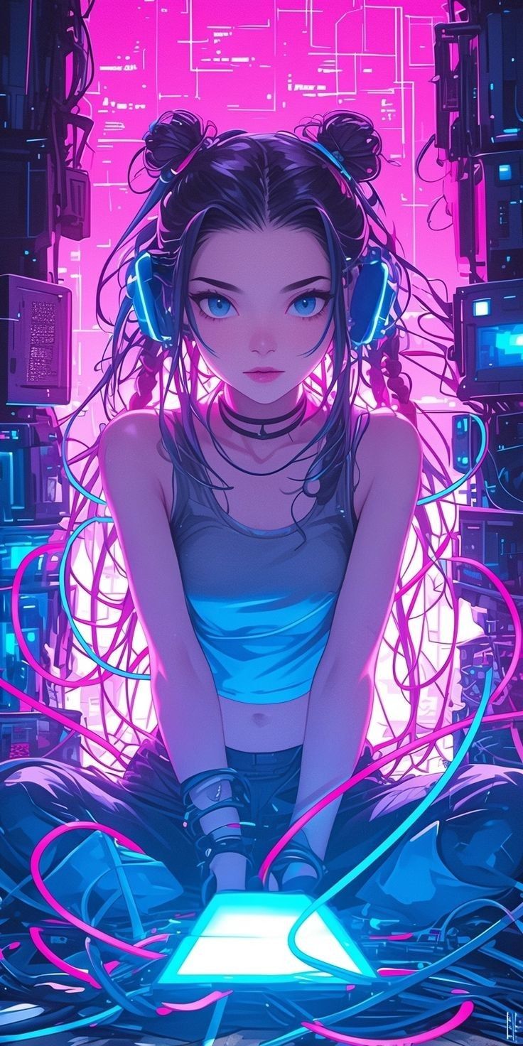 Neon Cyberpunk Girl Portrait Download Wallpapers
