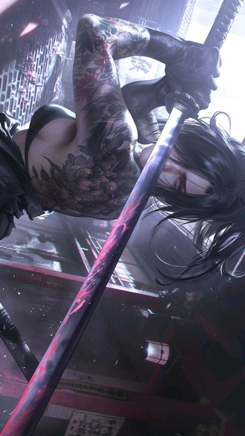 Neon Tattooed Dancer in Cyberpunk Glow Download Wallpapers