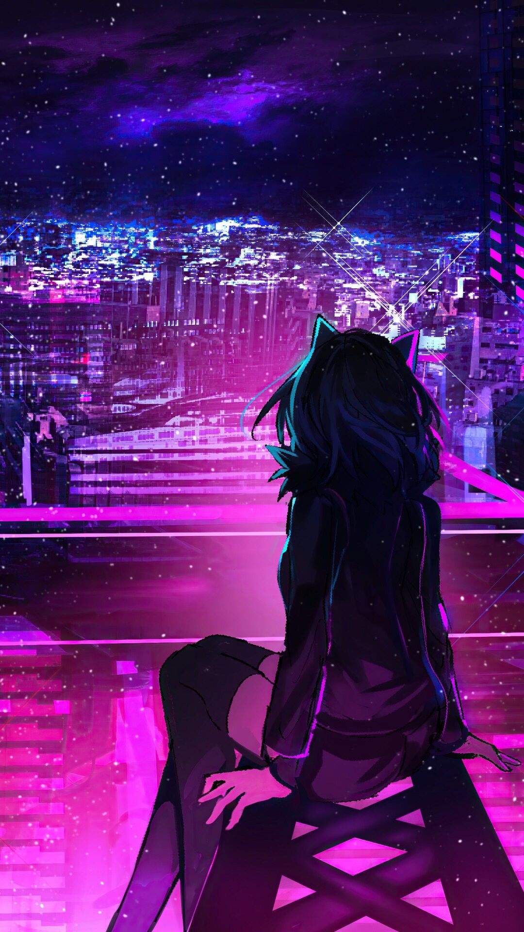 Neon Cityscape Rooftop Gaze Download Wallpapers