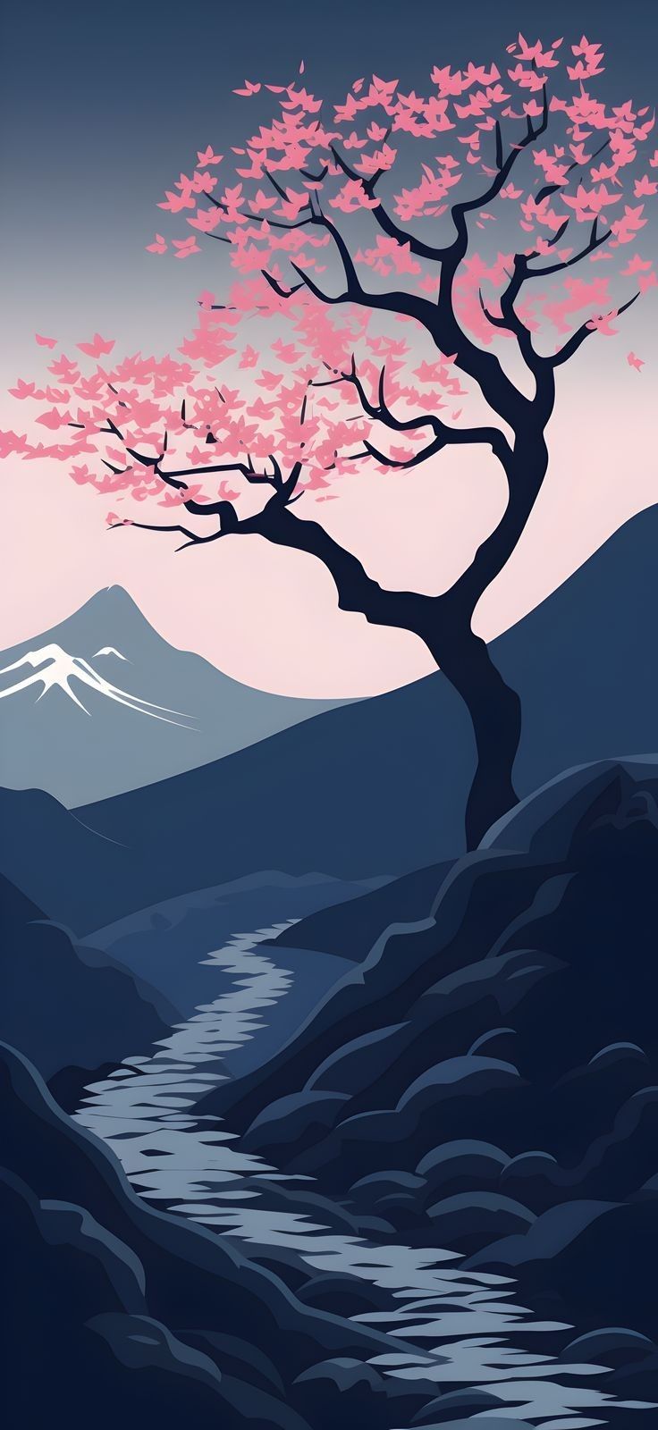 Minimalist Mountain Tree Blossoms Download Wallpapers