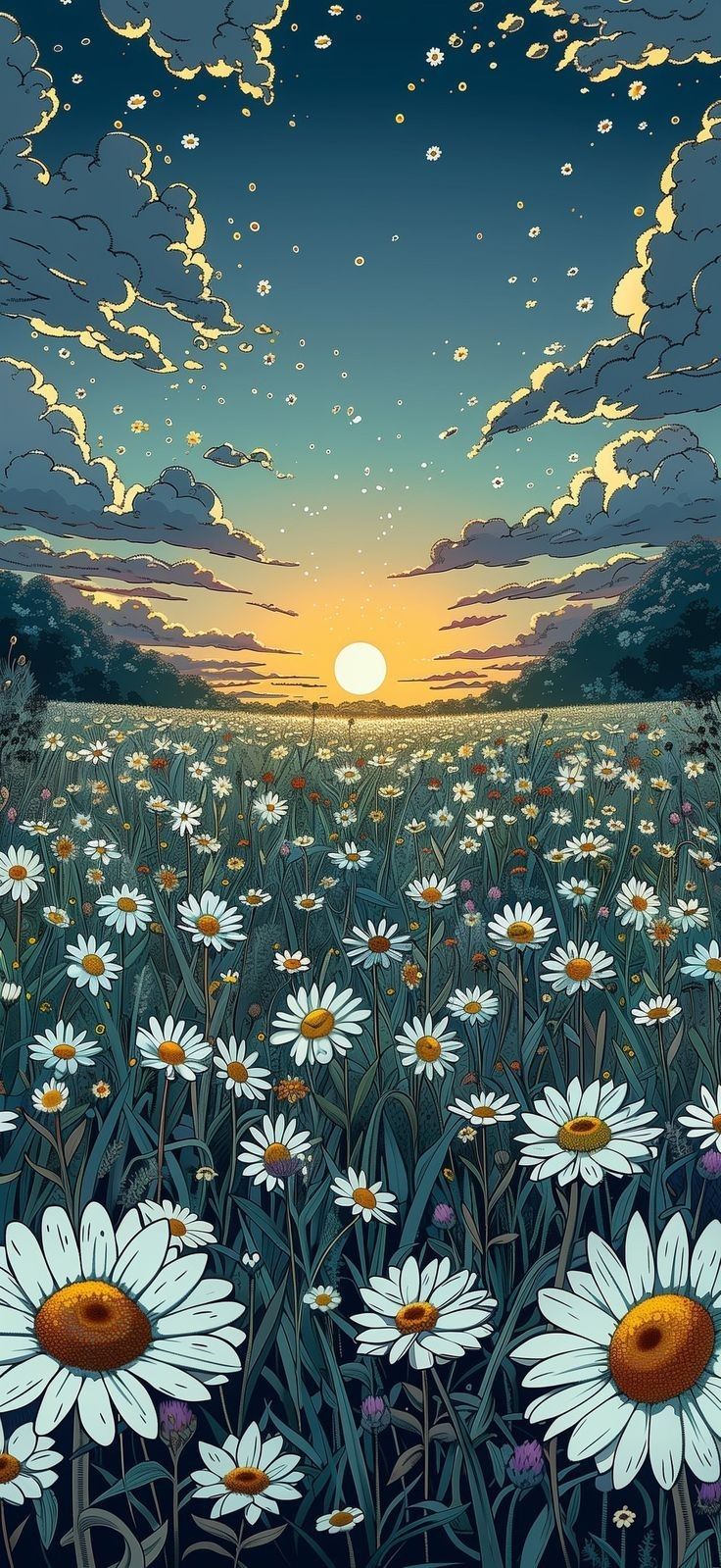 Serene Sunset Over Daisy Field Download Wallpapers