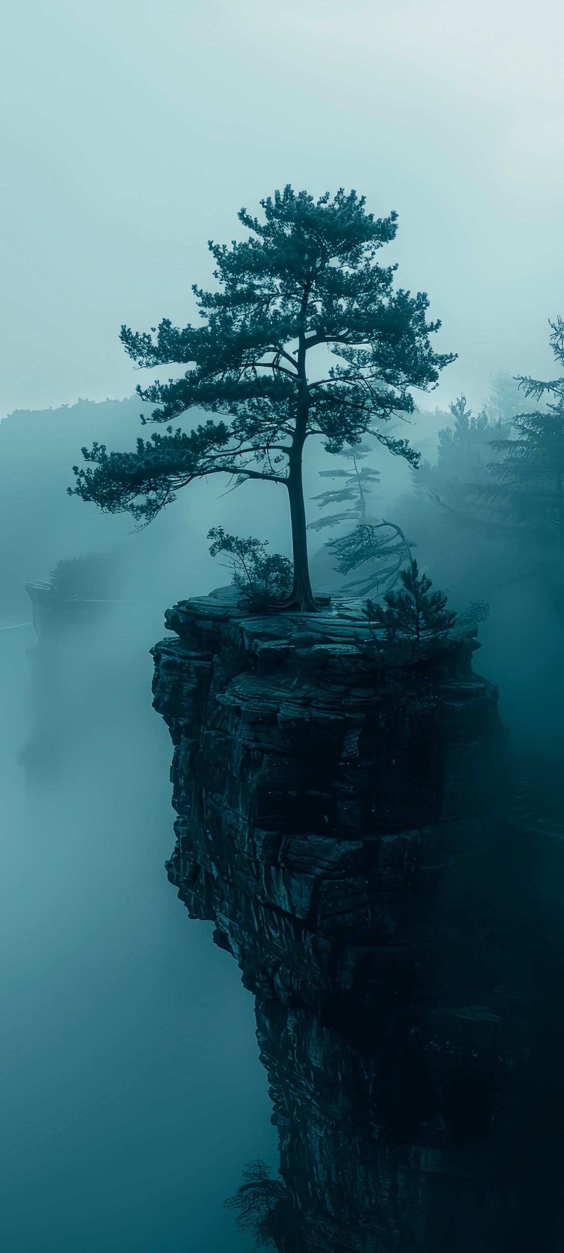 Misty Cliff Solitary Tree Download Wallpapers