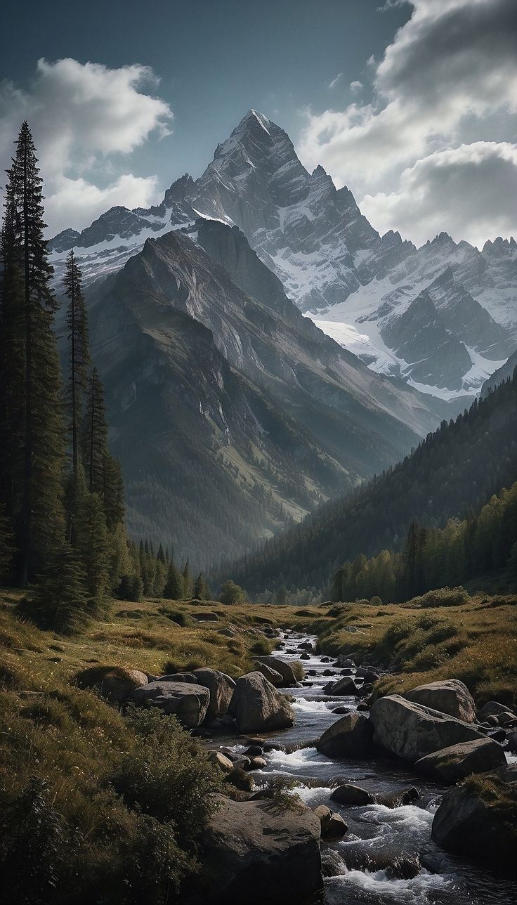 Snowy Mountain Forest Streamscape Download Wallpapers