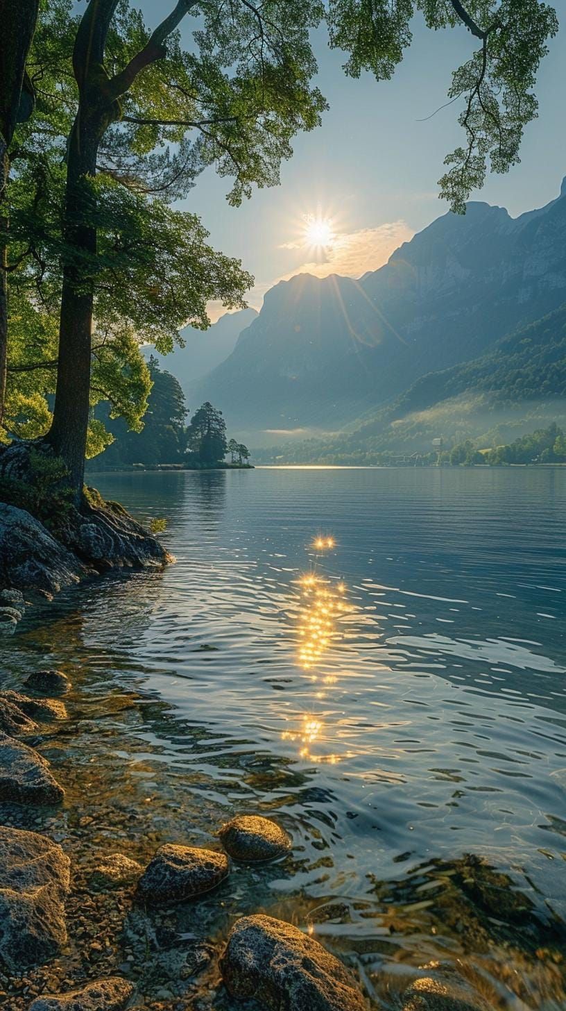 Golden Sunlight Through Lakeside Trees Download Wallpapers