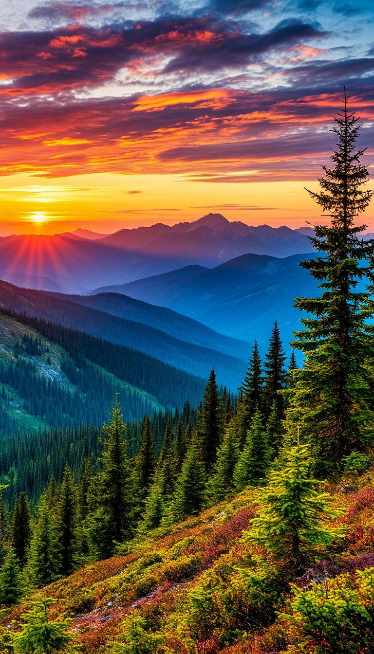 Sunset Over Pine-Covered Mountains Download Wallpapers