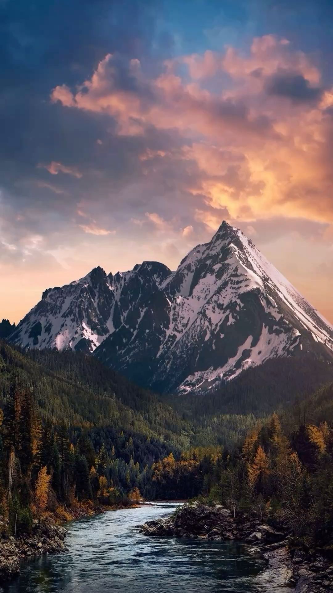 Snowy Mountain River Landscape Download Wallpapers
